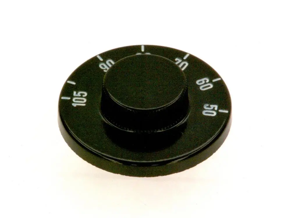 Schwarzer Bedienungsknopf von Bosch mit 50-105 Grad Celsius und einer zentralen Drehachse, auf einer weißen Fläche abgebildet.